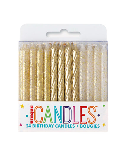 Glitter and Gold Spiral Birthday Candles - Assorted 24ct