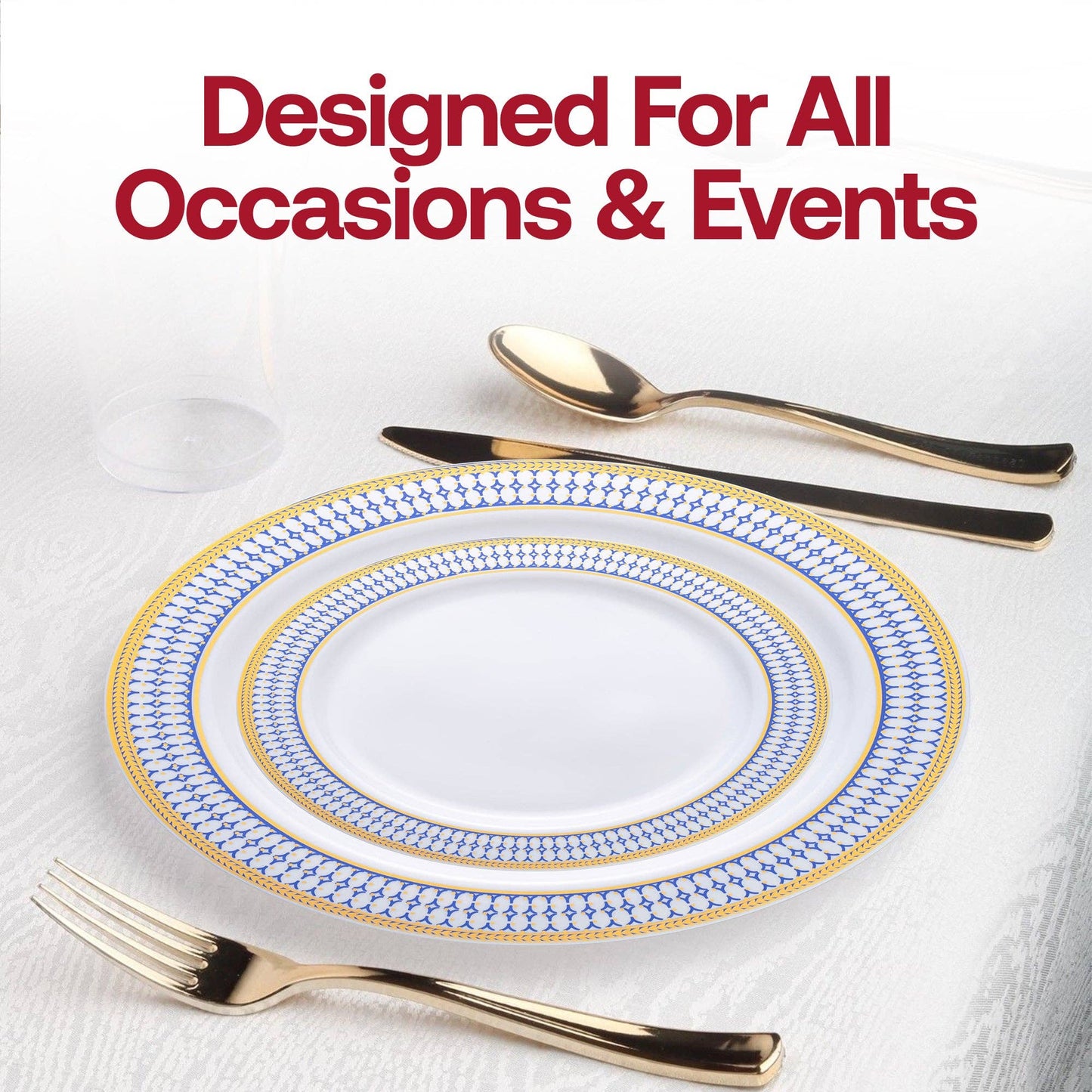 10.25" White Blue Gold Chord Rim Dinner Plates - 10 pcs