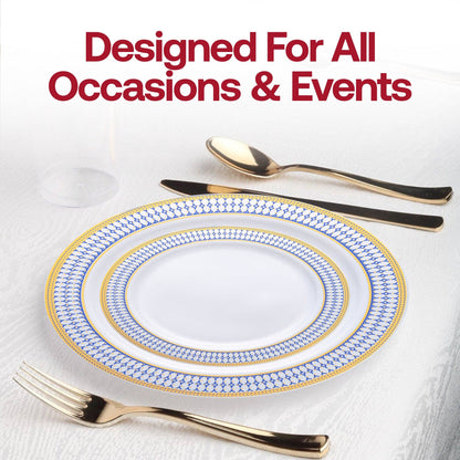 7.5" White w/ Blue & Gold Rim Plastic Salad Plates - 10 pcs