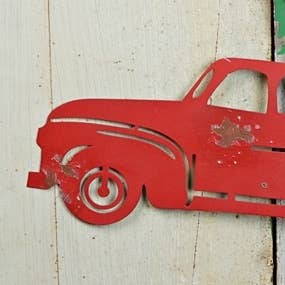 Metal Plaque-Red Truck w.Xmas Tree-