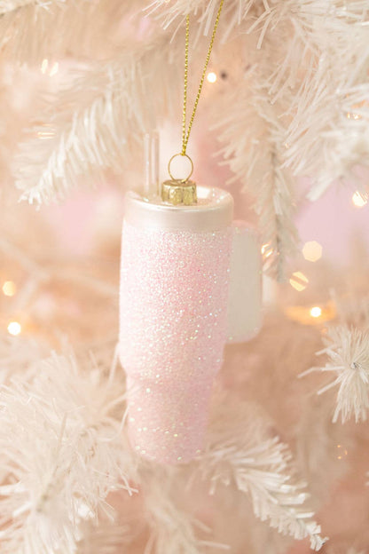 Pink Glittered Trendy Tumbler Christmas Ornament - Pink Cup