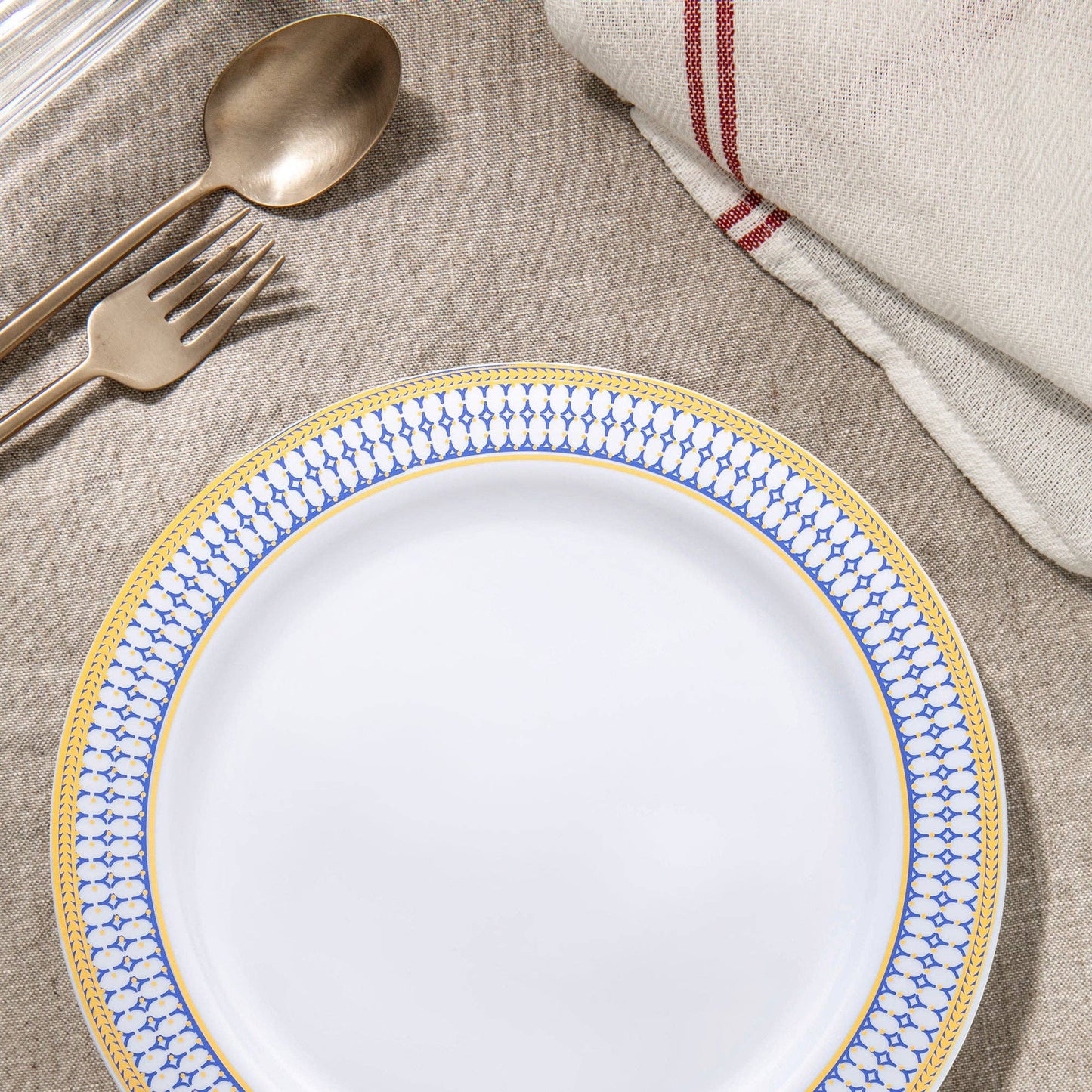 10.25" White Blue Gold Chord Rim Dinner Plates - 10 pcs