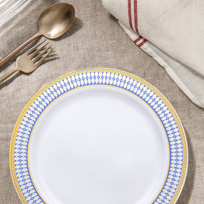 7.5" White w/ Blue & Gold Rim Plastic Salad Plates - 10 pcs