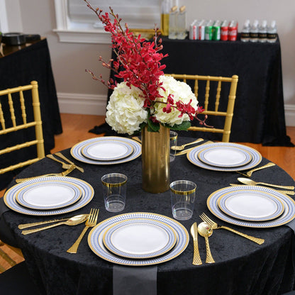 7.5" White w/ Blue & Gold Rim Plastic Salad Plates - 10 pcs
