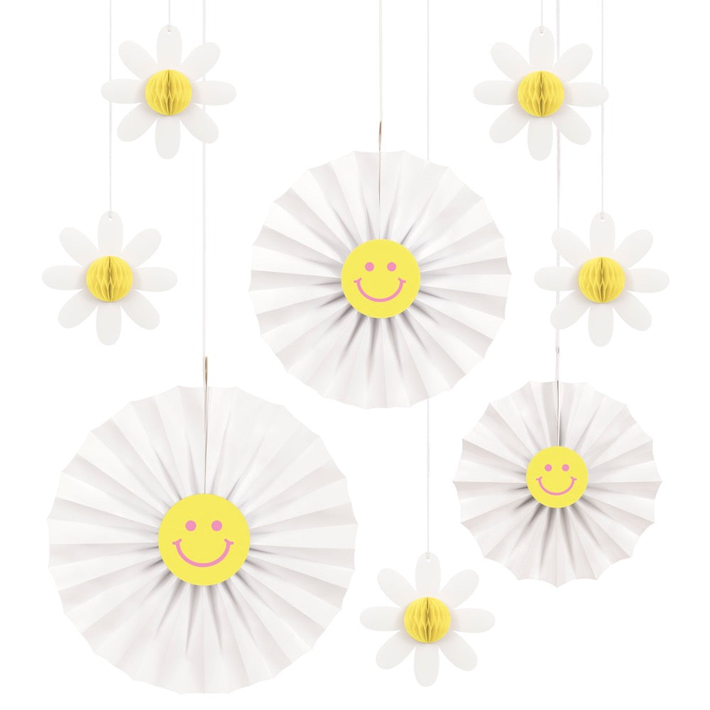 Groovy Birthday Paper Fan Decorations with 3D Honeycomb Tissue Daisies 8pc
