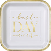 Gold & White Best Day Ever Square 7in Dessert  Plates 8ct - Foil Stamping