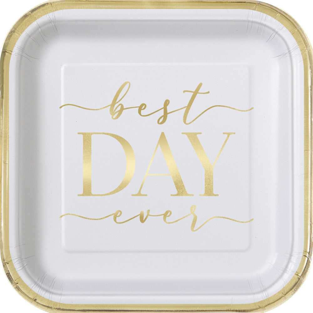 Gold & White Best Day Ever Square 7in Dessert  Plates 8ct - Foil Stamping