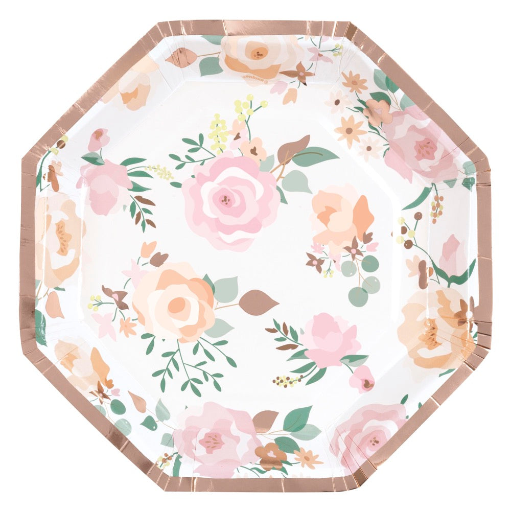 Pink Blooms Octagon Shaped 8.25in Plates 8ct - Foil Stamping