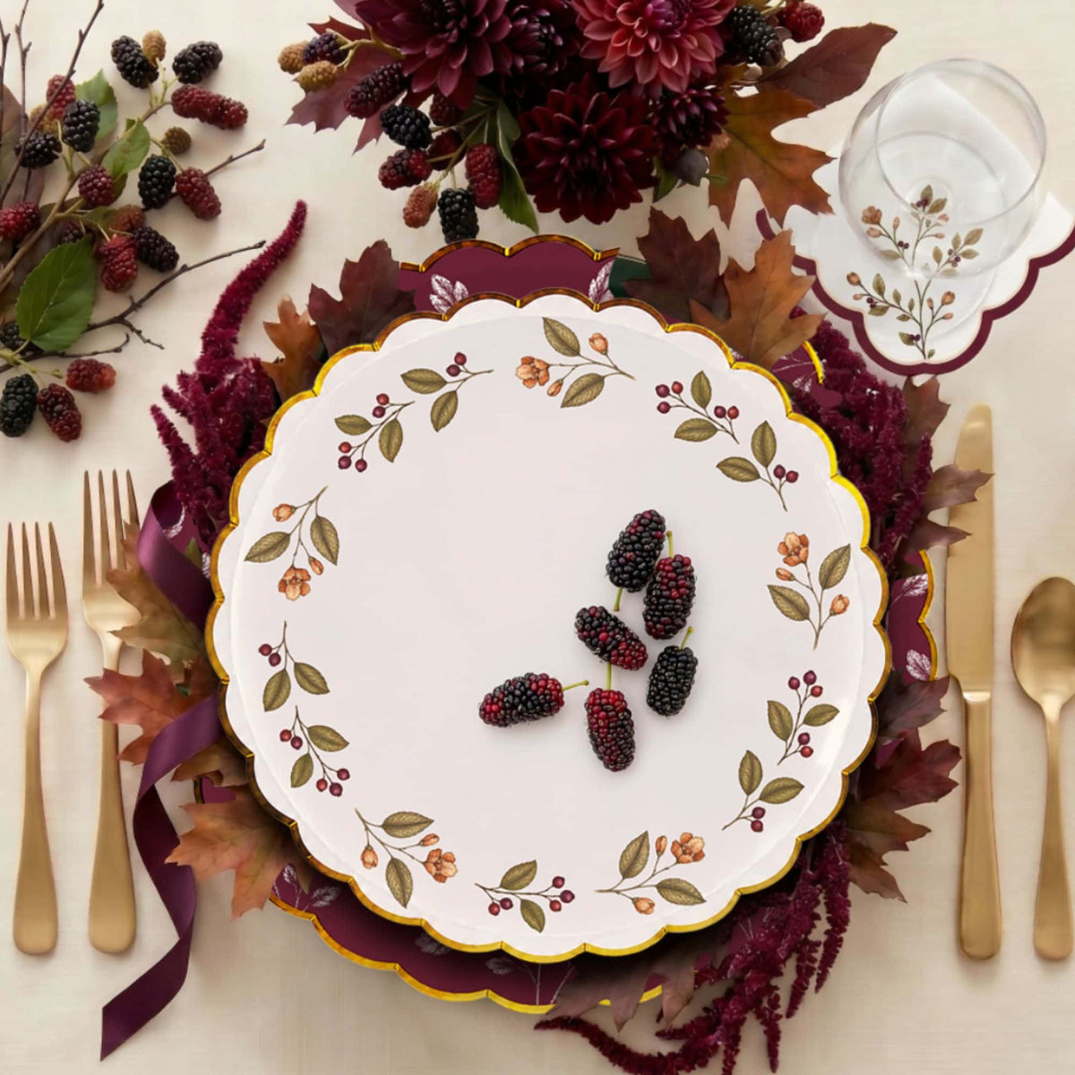 Mulberry Stem Scalloped Edge Cocktail Napkins