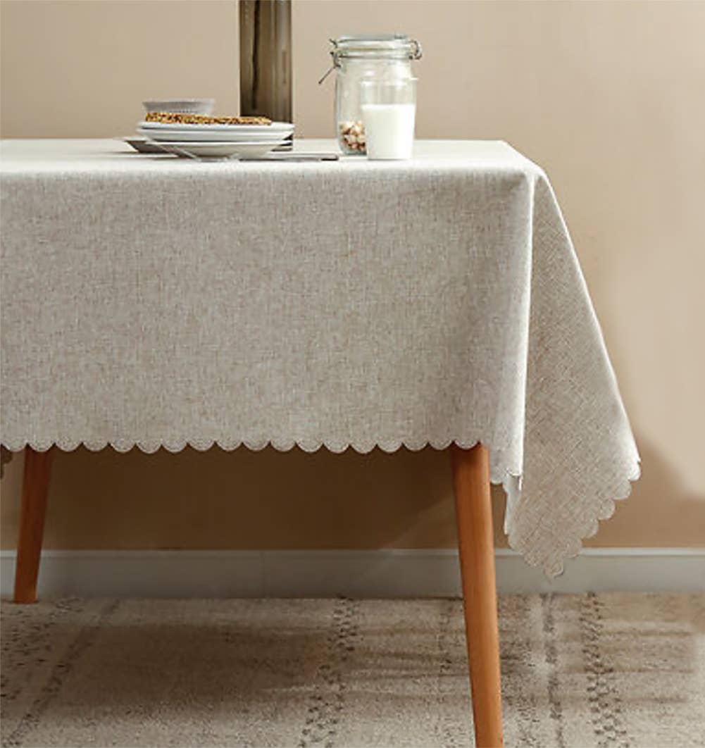 Natural Scalloped Border Wrinkle-Free Tablecloth - Thumbnail 3