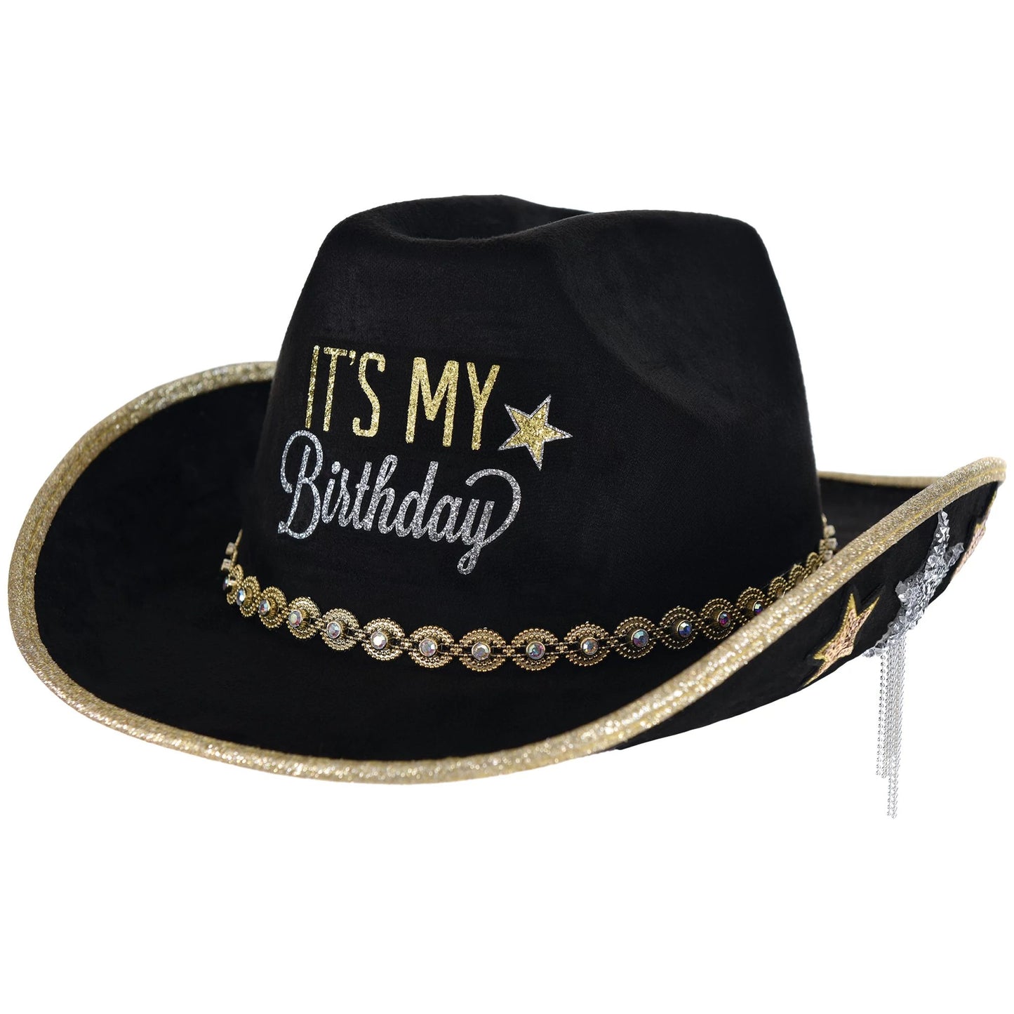 "It's My Birthday" Cowboy Hat - Black Silver Gold