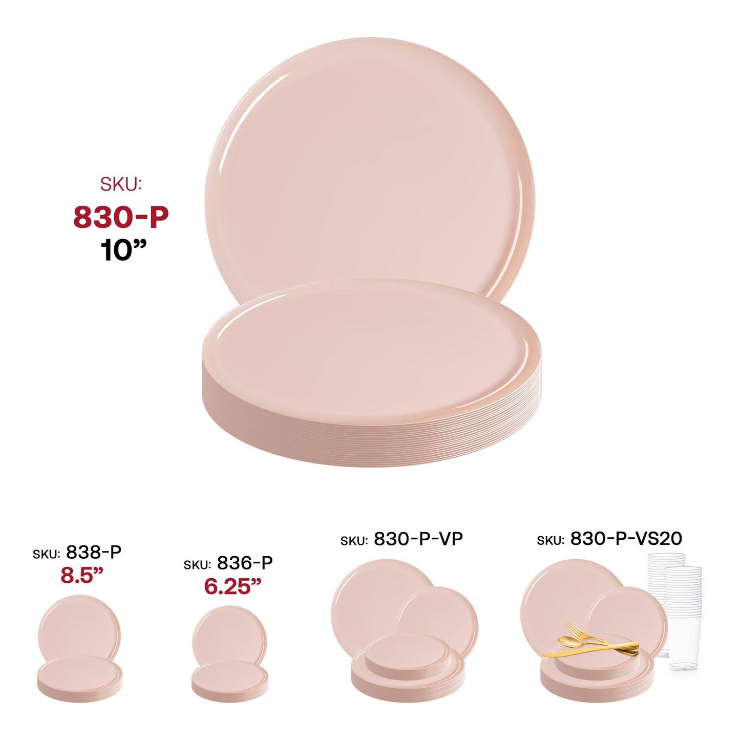 10" Pink Flat Round Plastic Dinner Plates - 10 pcs