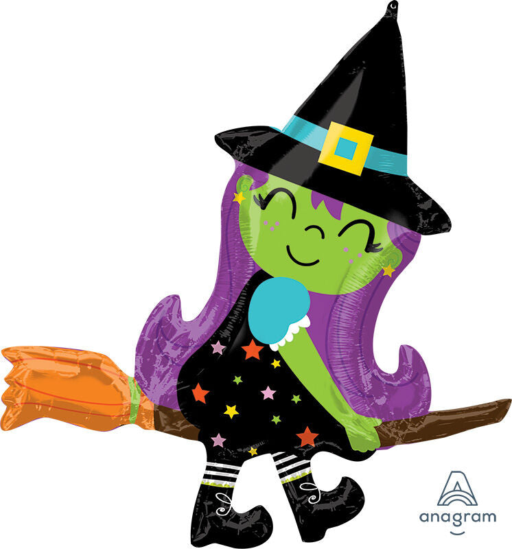 Cute Witch on Broom 38in SuperShape Balloon