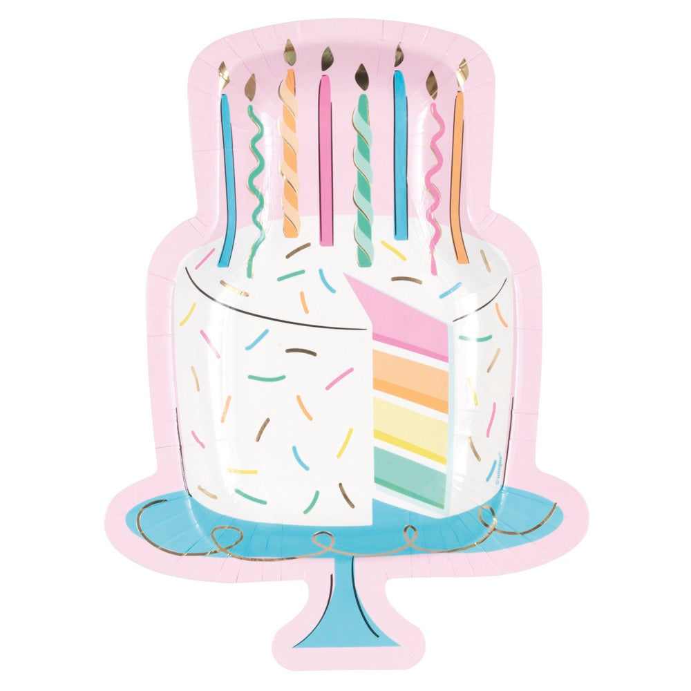 Rainbow Birthday Sweets Cake-Shaped 9.25in Plates 8ct - Foil Stamping
