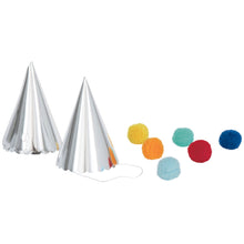 Silver Foil Party Hats with Scalloped Edge and Pom Pom 6ct