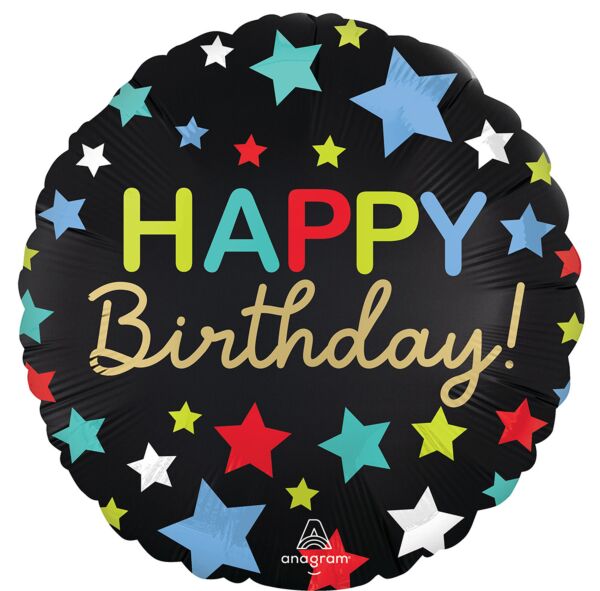#046-A Satin Happy Birthday Stars 18in Balloon