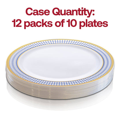 7.5" White w/ Blue & Gold Rim Plastic Salad Plates - 10 pcs