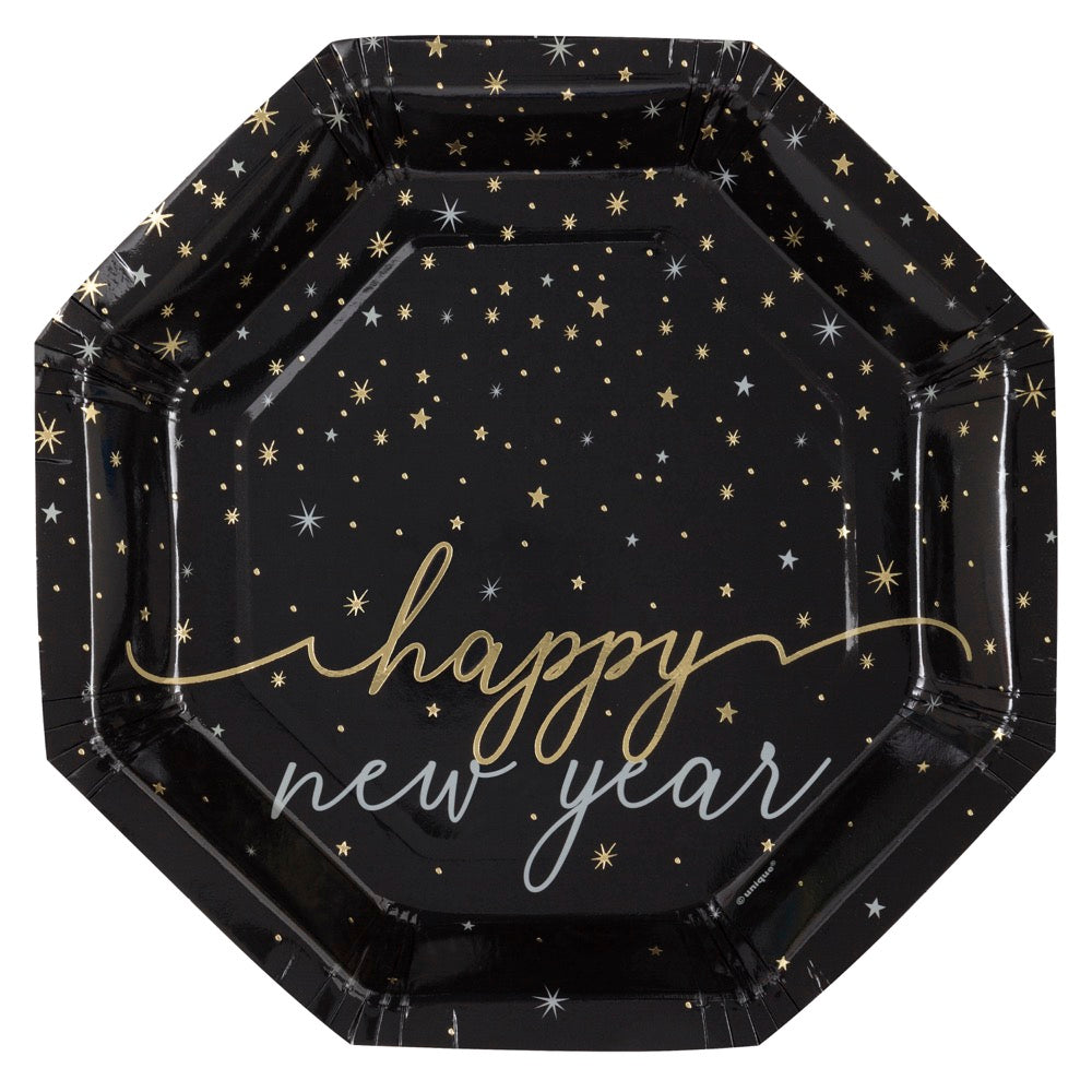 Disco New Year Happy New Year Octagon Shaped Foil Plates 8ct