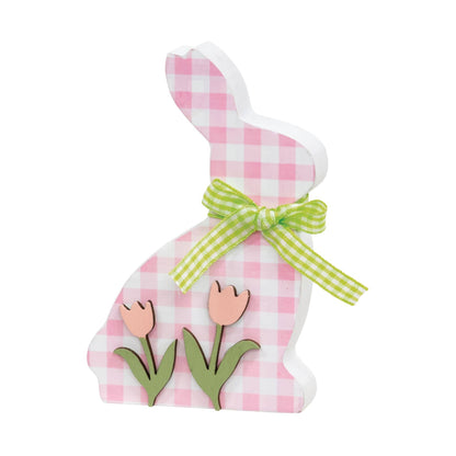 Pink & White Buffalo Check Bunny w/Tulips Sitter