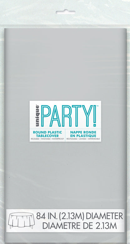 Silver Plastic Round Table Cover 84"