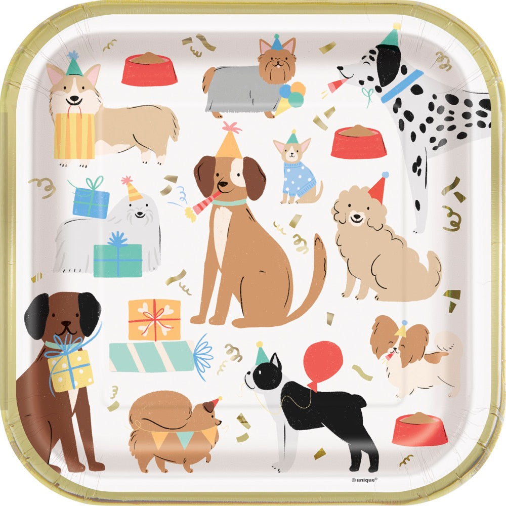 Pawty Animals Dog Square 9in Dinner Plates 8ct - Foil Stamping