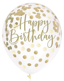 Gold Foil Confetti Filled Happy Birthday 12in Clear Latex Balloons 6ct
