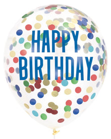 Multicolor Foil Confetti Happy Birthday 12in Clear Latex Balloons 6ct