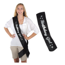 Glittered Birthday Girl Satin Sash Black & Silver