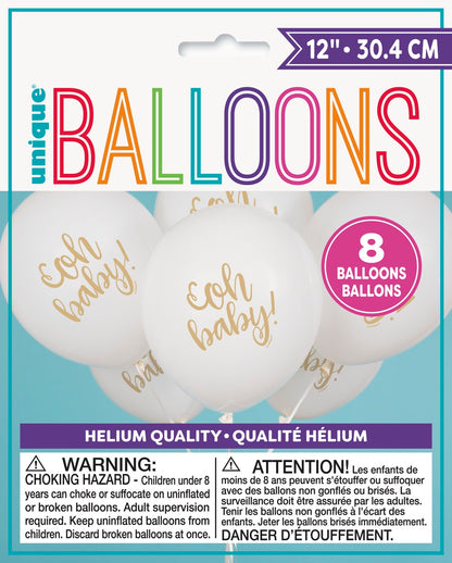 White Gold Oh Baby Baby Shower 12in Latex Balloons 8ct