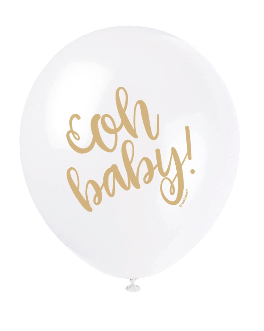 White Gold Oh Baby Baby Shower 12in Latex Balloons 8ct