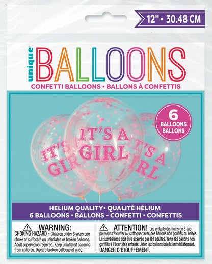 Girl Clear Latex Balloons with Pink Confetti 12in 6ct