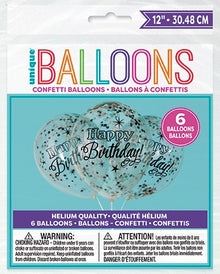 Glittering Birthday Clear Latex Balloons with Confetti 12in 6ct