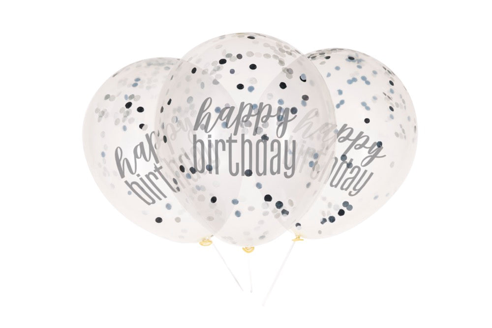 Glitz Black Happy Birthday Clear Balloons with Confetti