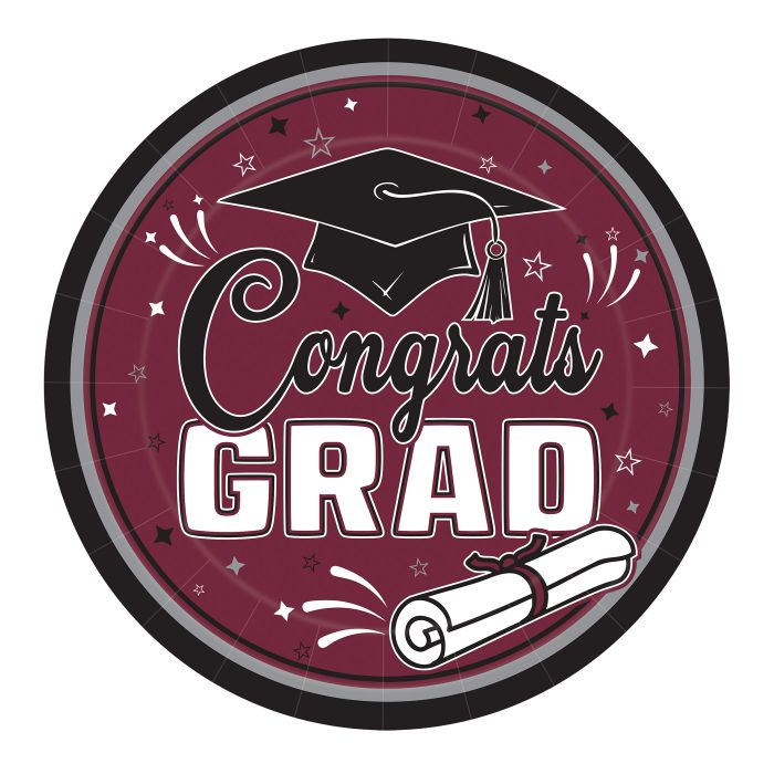 Congrats Grad Burgundy 9in Plates 18ct