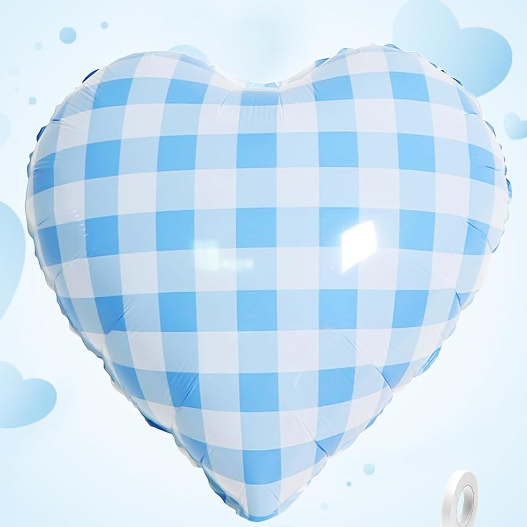 #669 Gingham Blue Heart 18in Balloon