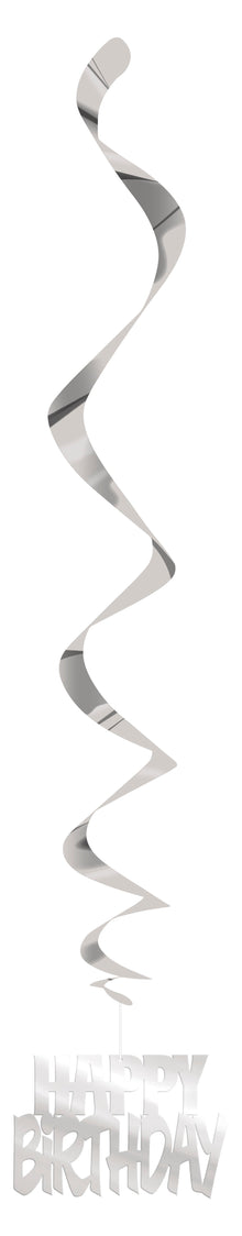 Happy Birthday Silver Foil Hanging Swirl Decorations 32in 3ct