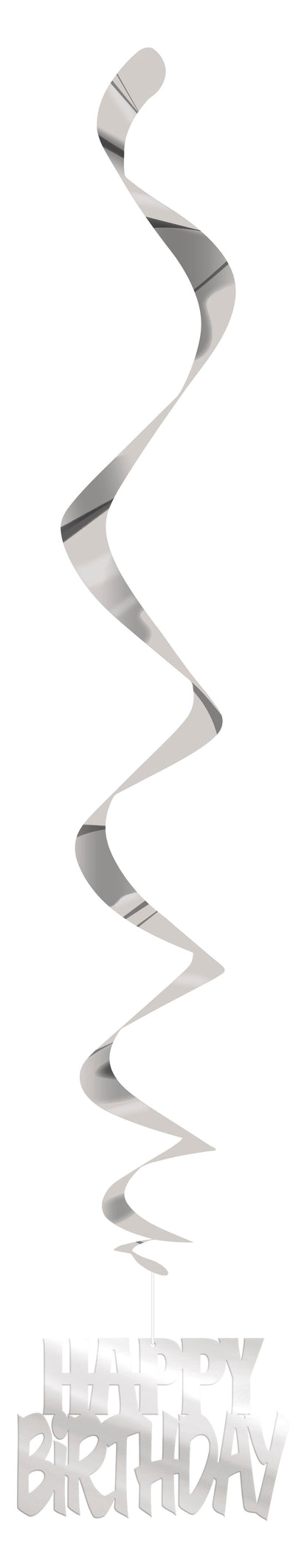 Happy Birthday Silver Foil Hanging Swirl Decorations 32in 3ct
