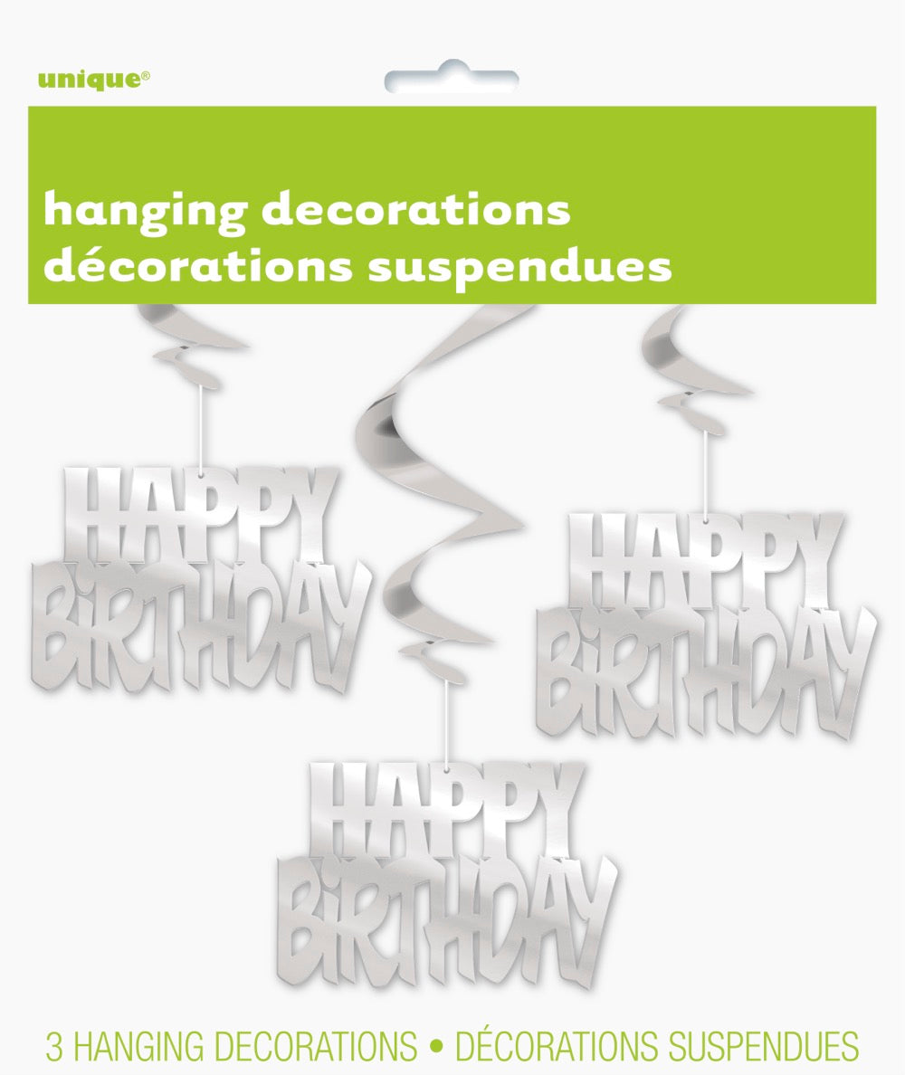 Happy Birthday Silver Foil Hanging Swirl Decorations 32in 3ct