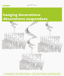 Happy Birthday Silver Foil Hanging Swirl Decorations 32in 3ct