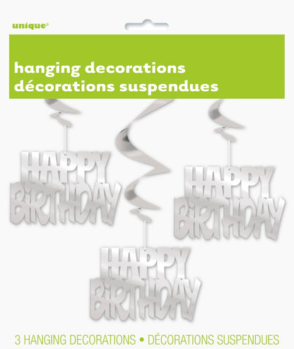 Happy Birthday Silver Foil Hanging Swirl Decorations 32in 3ct
