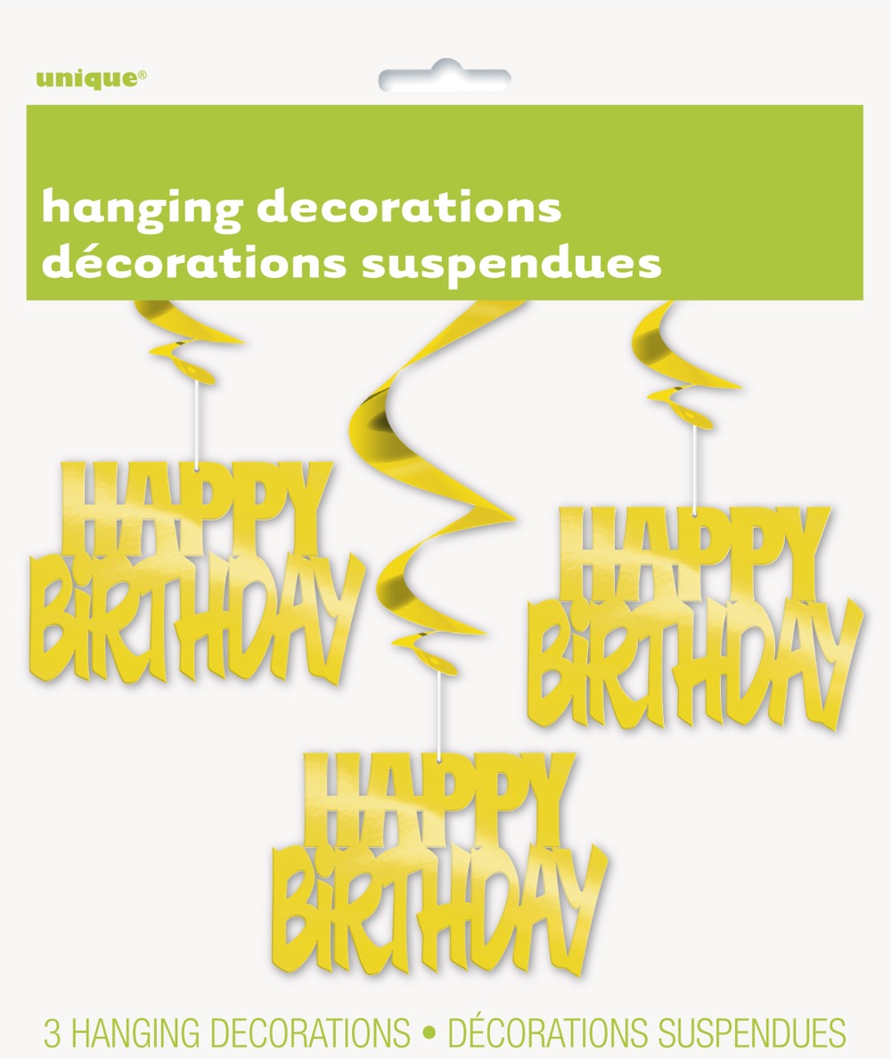 Happy Birthday Gold Foil Hanging Swirl Decorations 32in 3ct