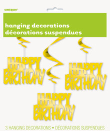 Happy Birthday Gold Foil Hanging Swirl Decorations 32in 3ct