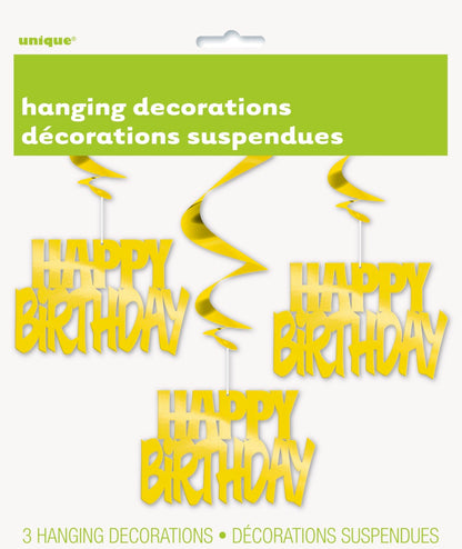 Happy Birthday Gold Foil Hanging Swirl Decorations 32in 3ct
