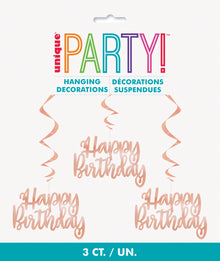 Foil Rose Gold Happy Birthday Hanging Swirl Decorations 32in 3ct
