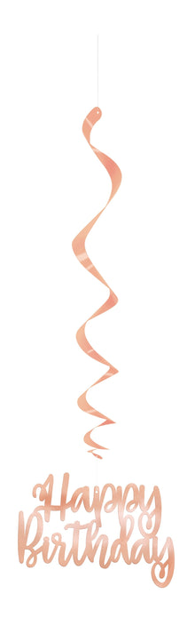 Foil Rose Gold Happy Birthday Hanging Swirl Decorations 32in 3ct
