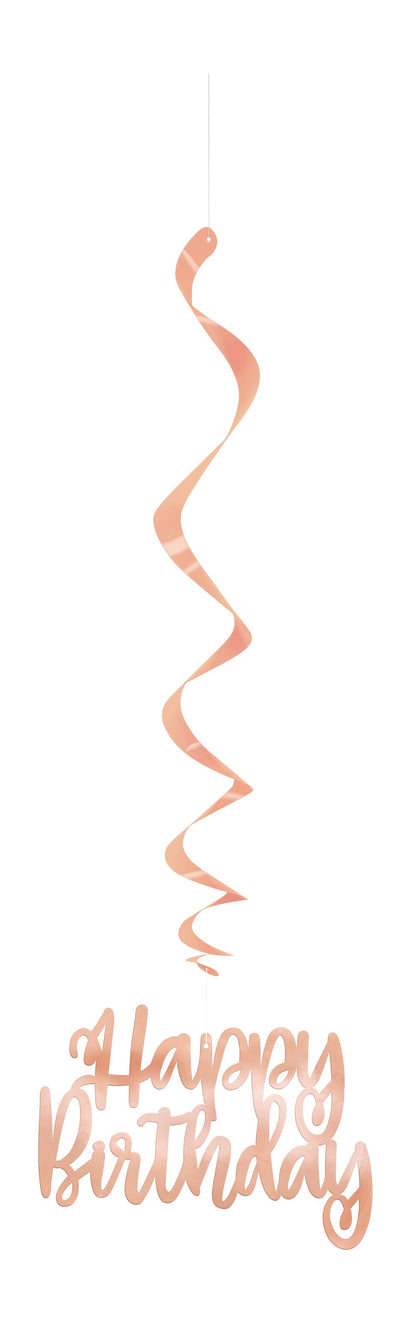 Foil Rose Gold Happy Birthday Hanging Swirl Decorations 32in 3ct