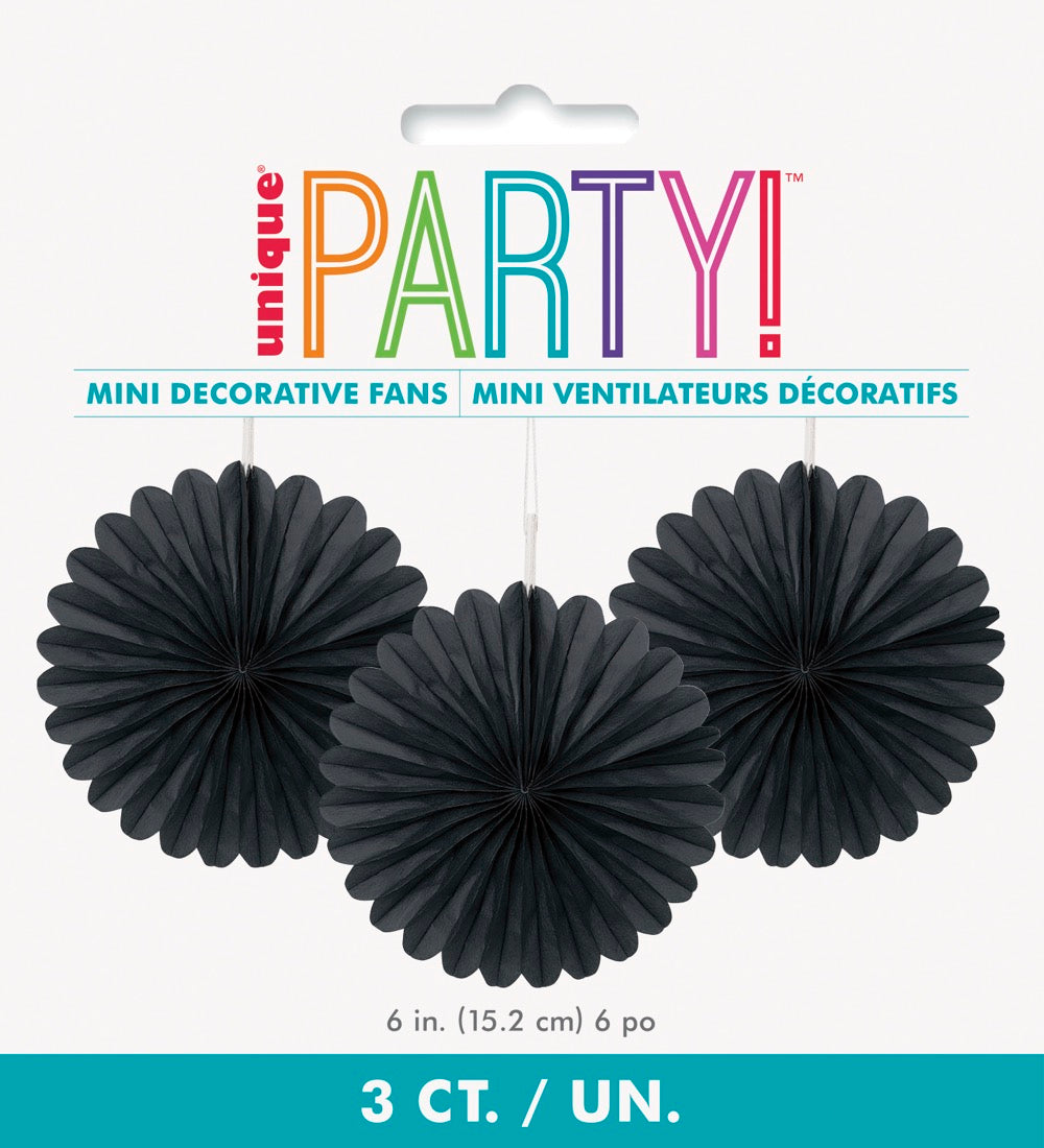 Black Solid 6in Tissue Paper Fans 3ct