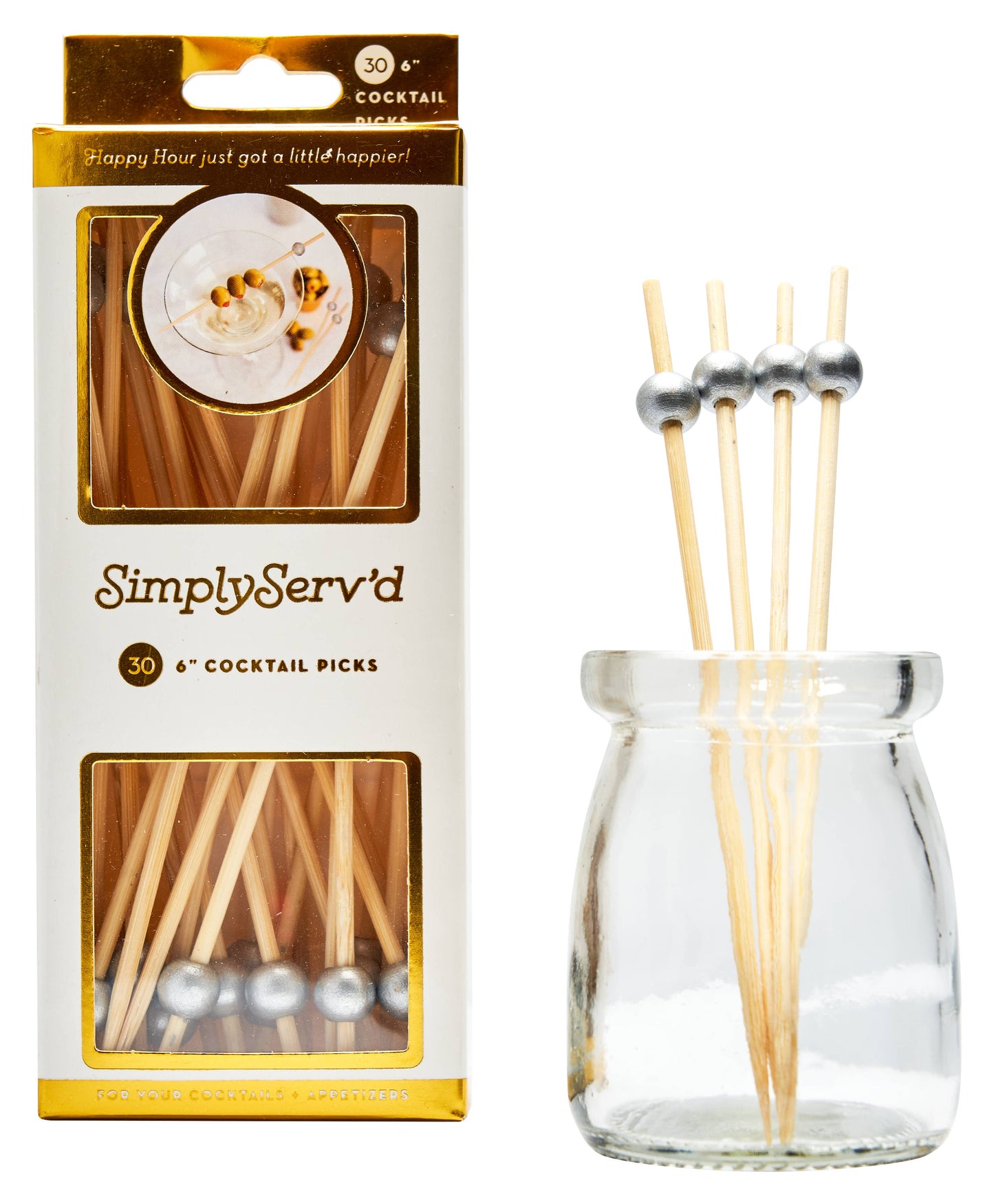 Party Pick Fancy Bamboo Toothpick Large 6" Silver Ball 30pk