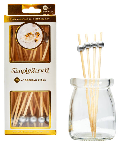 Party Pick Fancy Bamboo Toothpick Large 6" Silver Ball 30pk