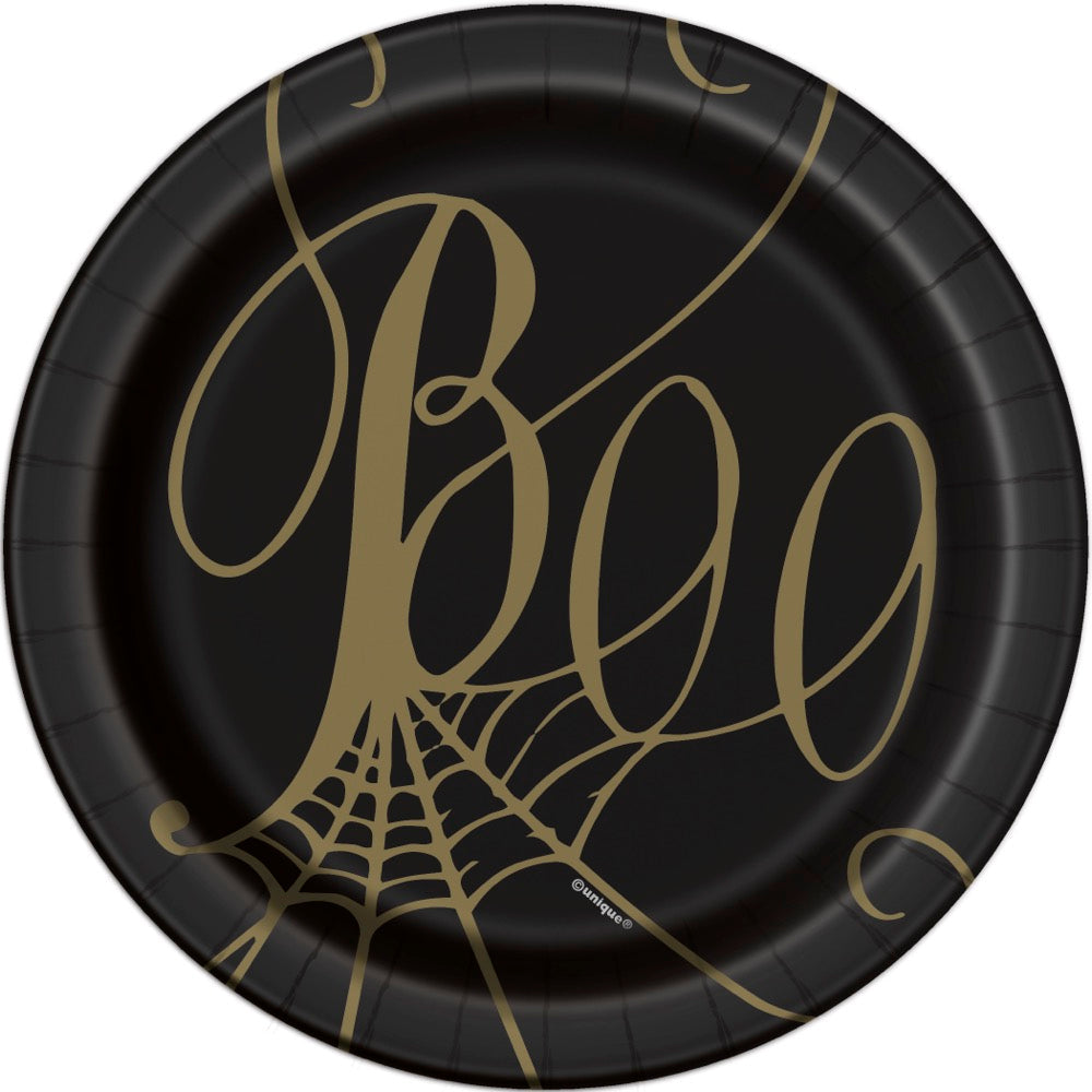 Black & Gold Spider Web Boo Round 7in Dessert Plates 8ct